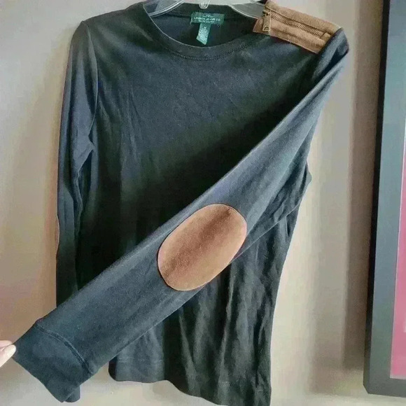 Lauren / Ralph Lauren - Black 100% Cotton Sweater - Suede Elbow Patches - Medium - Picture 6 of 10